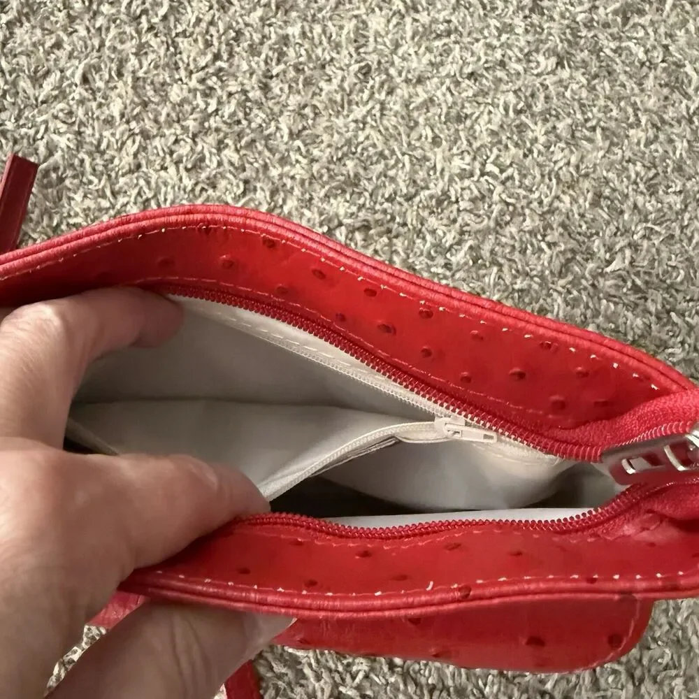 Red Ostrich Leather Crossbody‎ Bag Textured Small Shoulder Purse Zip Top Pocket